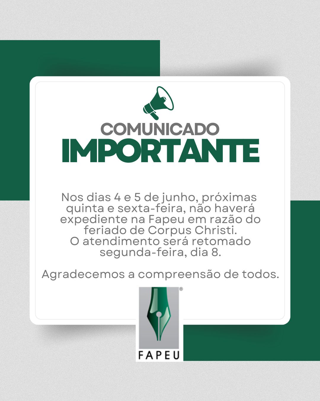 Imagem da notícia Fapeu não terá expediente no dias 4 e 5 de junho em razão do feriado de Corpus Christi